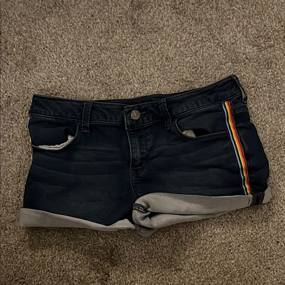 Cute Jean shorts with rainbow flare on hips